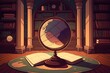 © The 2R Artificiality - An old globe resting atop an open book in a library with bookcases in the backdrop. selective attention. retro fashion science, learning, travel, and historical context. team teaching geography and hi