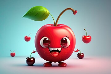 Wall Mural - Cute 3D cartoon of cherry character. Generative AI