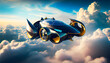 A model of a flying car in the air above the clouds. Generative AI.