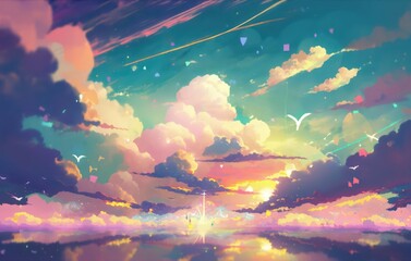 Wall Mural - Beautiful sky cloud and sunset view with digital art style, Sunset with beautiful glowing flare light, Colourful cloudy, Fantasy sky, Digital art style, Illustration painting, Generative AI. 