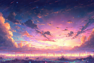 Wall Mural - Beautiful sky cloud and sunset view with digital art style, Sunset with beautiful glowing flare light, Colourful cloudy, Fantasy sky, Digital art style, Illustration painting, Generative AI. 
