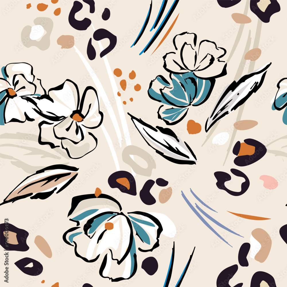 Botanical background of abstract flowers and spots of leopard skin ...