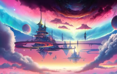 Wall Mural - Fantasy sky city, Fantasy sky castle, Fantasy sky town, Beautiful fantasy sky view, Beautiful gorgeous sky with sunset light, Digital art style, Illustration painting, Generative AI.