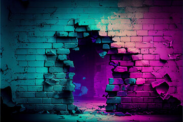 Broken brick wall texture purple magenta and teal green neon colours background. High quality ai generated illustration.