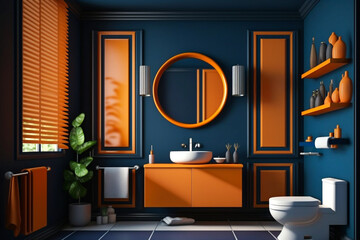 Wall Mural - Modern orange Bathroom interior design on dark blue wall.  Idea for interior design. AI