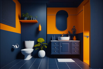 Wall Mural - Modern orange Bathroom interior design on dark blue wall.  Idea for interior design. AI