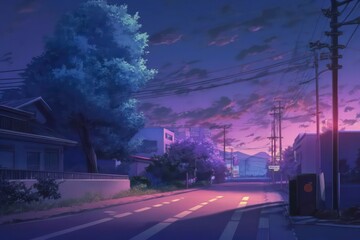 Wall Mural - Evening sunset view in anime wallpaper background, Peaceful sunset view, Romantic anime art style, Digital art, Illustration painting, Generative AI.