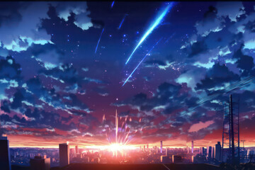 Wall Mural - Anime sky art wallpaper background. Fantasy sky with beautiful star falls, Star falls with beautiful flares, Starry night, Beautiful starry night with sky view, Digital art style, Generative AI. 