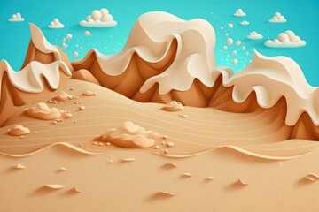 Wall Mural - Background of summertime sea and sand. Desert beach texture. sand and white foam waves at the coast. a side view. Generative AI