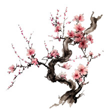 Traditional Ink Painting Style Sakura Tree Branches, Beautiful Pink Cherry Blossom, Spring Flowers, Generated Ai.