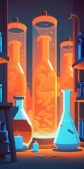 background of research medical science laboratory using glass flasks and cylinders holding orange so