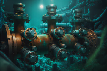 Wall Mural - Gas oil pipeline under water. Concept transportation energy resource, metal pipes at bottom of sea. Generation AI