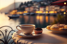 Cup of coffee and delicious dessert on blurred background of Italian lake. Romantic evening view. Based on Generative AI