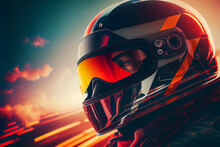 Portrait Of Sports Car Racer Wearing Helmet At Sunset. Ace Driver With Helmet Sports Car Race Track Design. High Quality Ai Generated Illustration.
