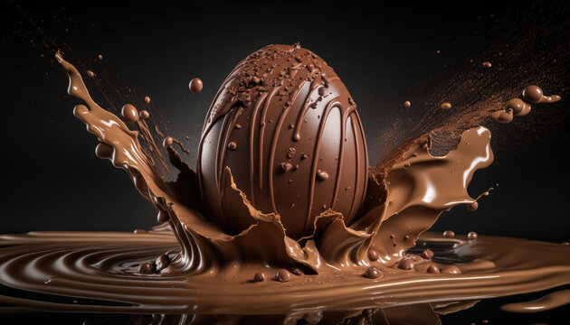 dark chocolate easter egg splash, tasty easter egg background, generative ai image