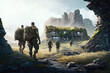 © stock_santa - Special forces military soldiers in full tactical gear walking to ruined building in mountains, Battlefield concept, Generative AI image