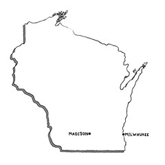 Vector hand drawn map of Wisconsin WI with main cities. US States black and white illustrated map. Full vector global color swatch different layer for ease of use