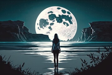 Poster - Big moon. A vibrant full moon and seascape are framed by a woman's silhouette standing in the water. Outdoors at dusk, with a peaceful background of nature. I used my own camera to capture the moon