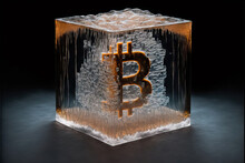 Glass cube with bitcoin in dark