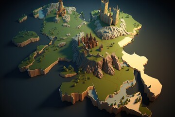 Medieval kingdom 3D map, Middle age kingdom volumetric map with multiple biomes, digital illustration, Generative AI

