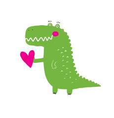 Wall Mural - Cute Valentine's Day Card with Happy Green Crocodile. Simple Romantic Vector Illustration with Lovely Bear with Pink Heart Isolated on a White Background. Shy Alligator in Love. Cartoon Dinosaur.