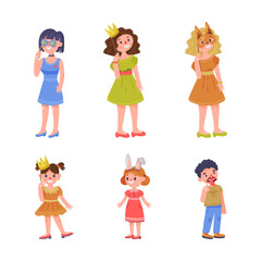 Sticker - Young Woman and Kids Holding Pole with Party Birthday Photo Booth Prop Vector Set