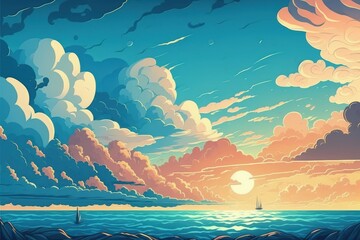 blue sky with clouds and sea, sunset. Generative AI