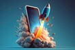 Rocket flying from mobile phone screen on blue background, startup concept, Generative AI	