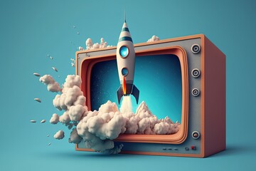 Wall Mural - Rocket coming out of old TV, blue background, digital illustration, Generative AI