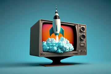 Wall Mural - Rocket coming out of old TV, blue background, digital illustration, Generative AI