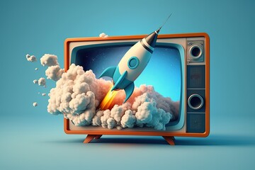 Wall Mural - Rocket coming out of old TV, blue background, digital illustration, Generative AI