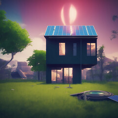 Poster - Eco house with solar panels. Concept art for architecture design or advertisements. Generative AI