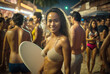 © wetzkaz - party and entertainment place for tourists, a young slim woman in party mood in short skimpy outfit surrounded by many tourists in bathing suits, fictitious place and persons. Generative AI