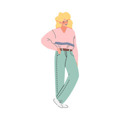 Sticker - Girl in 80s fashionable street style outfit. Blonde girl in trendy style oversize clothing of 80s cartoon vector illustration