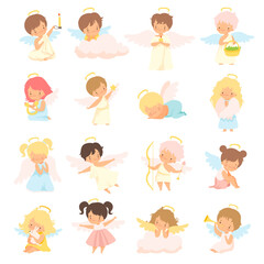 Sticker - Cute Baby Angels with Nimbus and Wings Vector Set