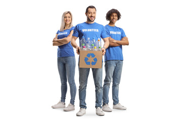 Poster - Group of volunteers with a box of plastic bottles for recycling