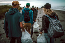 Volunteers Collect Trash From A Beach, Public Outreach At A Fictional Location. Generative AI