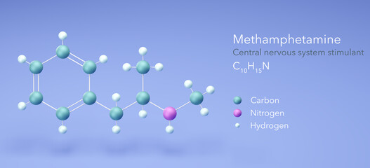 Poster - methamphetamine molecule, molecular structures, cns stimulant, 3d model, Structural Chemical Formula and Atoms with Color Coding