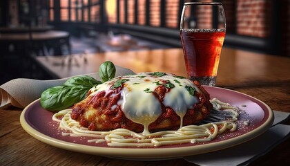 Poster -  a plate of spaghetti and a glass of beer on a table in a restaurant with a view of a balcony and a balcony in the background.  generative ai