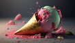  a scoop of ice cream with pink and green sprinkles and a gold cone with a green leaf sticking out of it on a gray surface.  generative ai