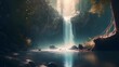 Waterfalls in a serene forest, mystical, fantasy, fairy tale, magical, generative AI