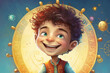 illustration for a children's book of a smiling child astrologer - AI generative