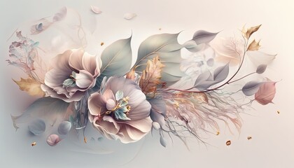 Wall Mural -  a painting of flowers and leaves on a white background with a blue sky in the background and a light blue sky in the middle of the picture.  generative ai