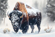 Bison covered in snow in Yellowstone National Park created with AI