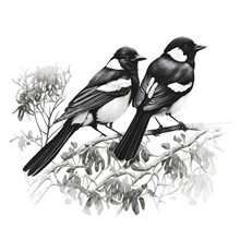 Simple Drawing Black And White Stone Magpies On Twig White Background 
