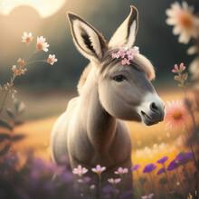 A Painting Of A Donkey In A Field Of Flowers And Daisies With The Sun Shining Behind 