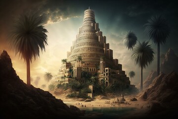 Ancient city of Babylon with the tower of Babel, bible and religion, new testament, speech in different languages,Illustration