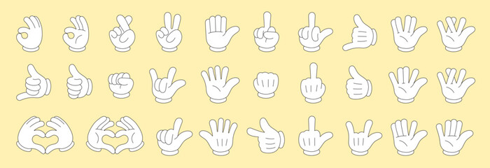 Retro groovy style hands set. Cartoon hippie hand collection. Vintage hippy various palm sticker pack. Showing gestures victory, shaka, ok, rock and love. Abstract trendy y2k vector eps illustration