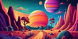 Colorful psychedelic landscape cartoon style wallpaper. 70s Hippie Clouds, Rainbows, sun, space planet background. Generative AI