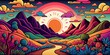 Colorful psychedelic landscape cartoon style wallpaper. 70s Hippie Clouds, Rainbows, sun, mountains background. Generative AI